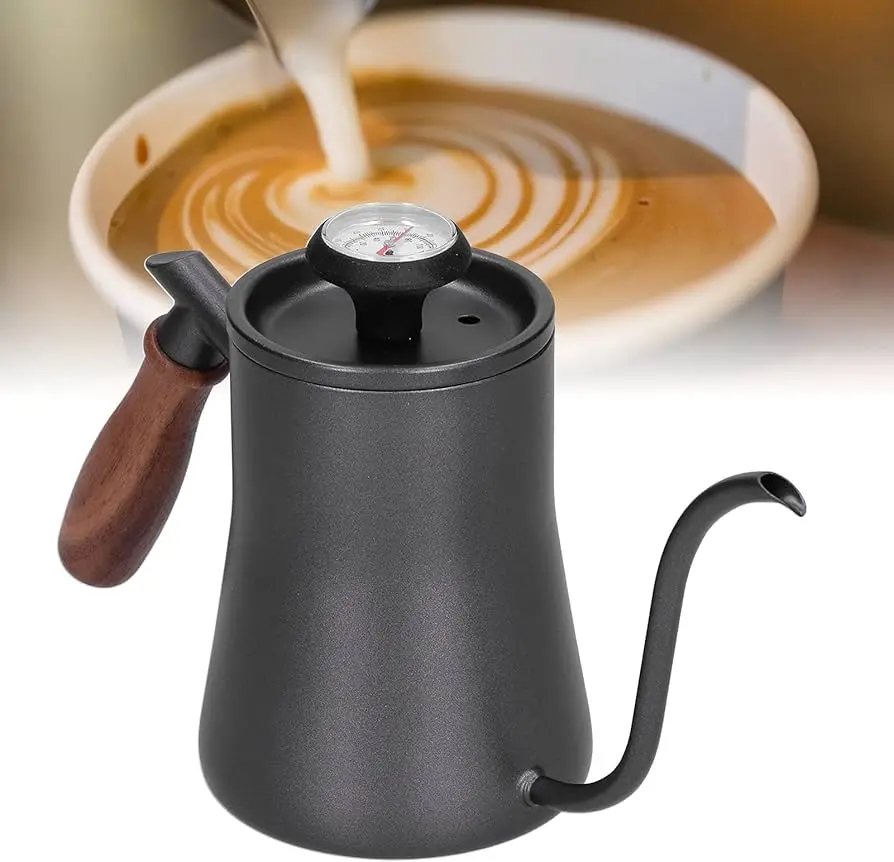 Coffee Kettle, 550ML Stainless Steel Electric Coffee Kettle for Home for Office (Black (Thermometer)